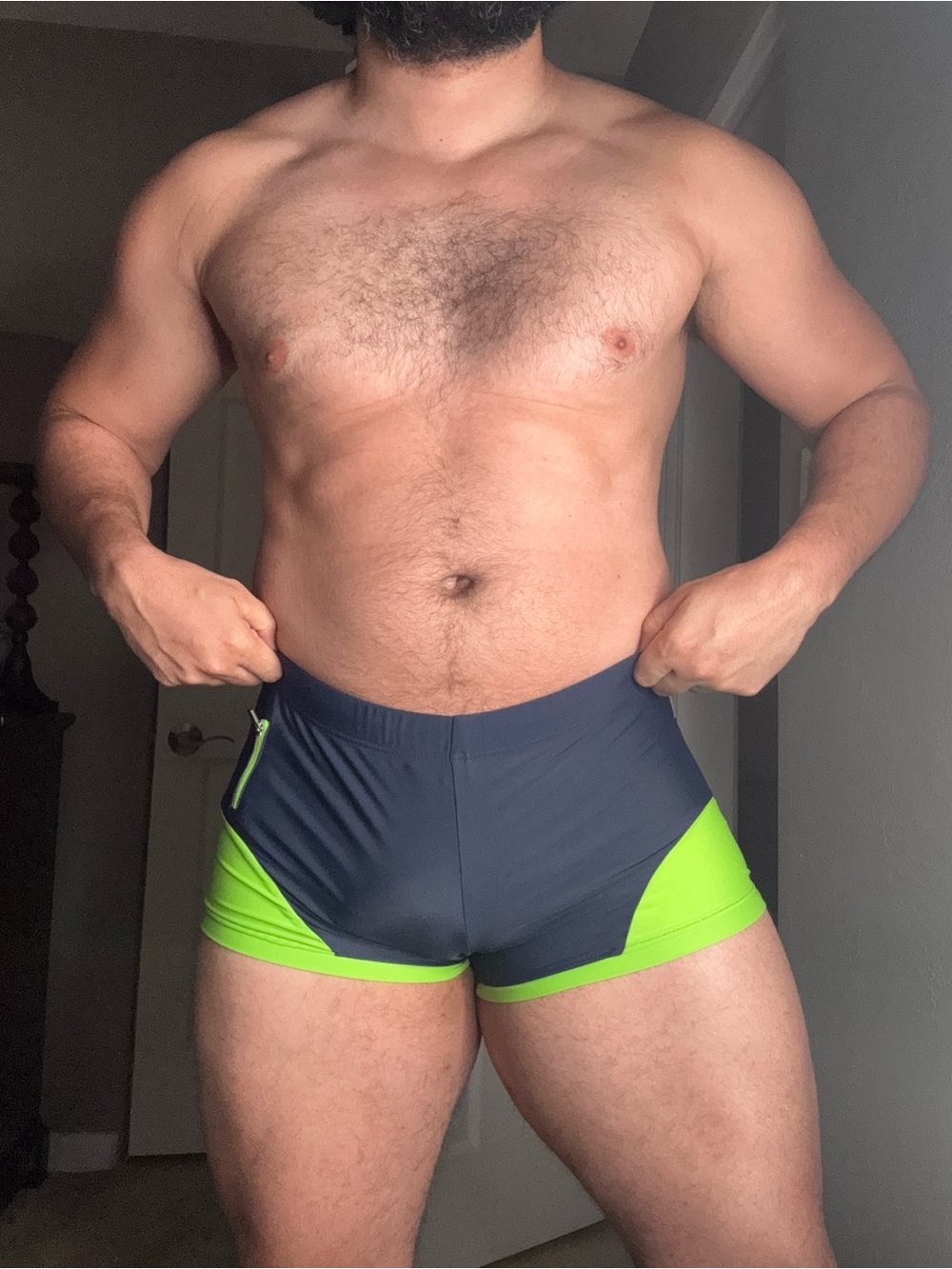 Men's Navy and Neon Green Swim Trunks - Picture 5 of 5